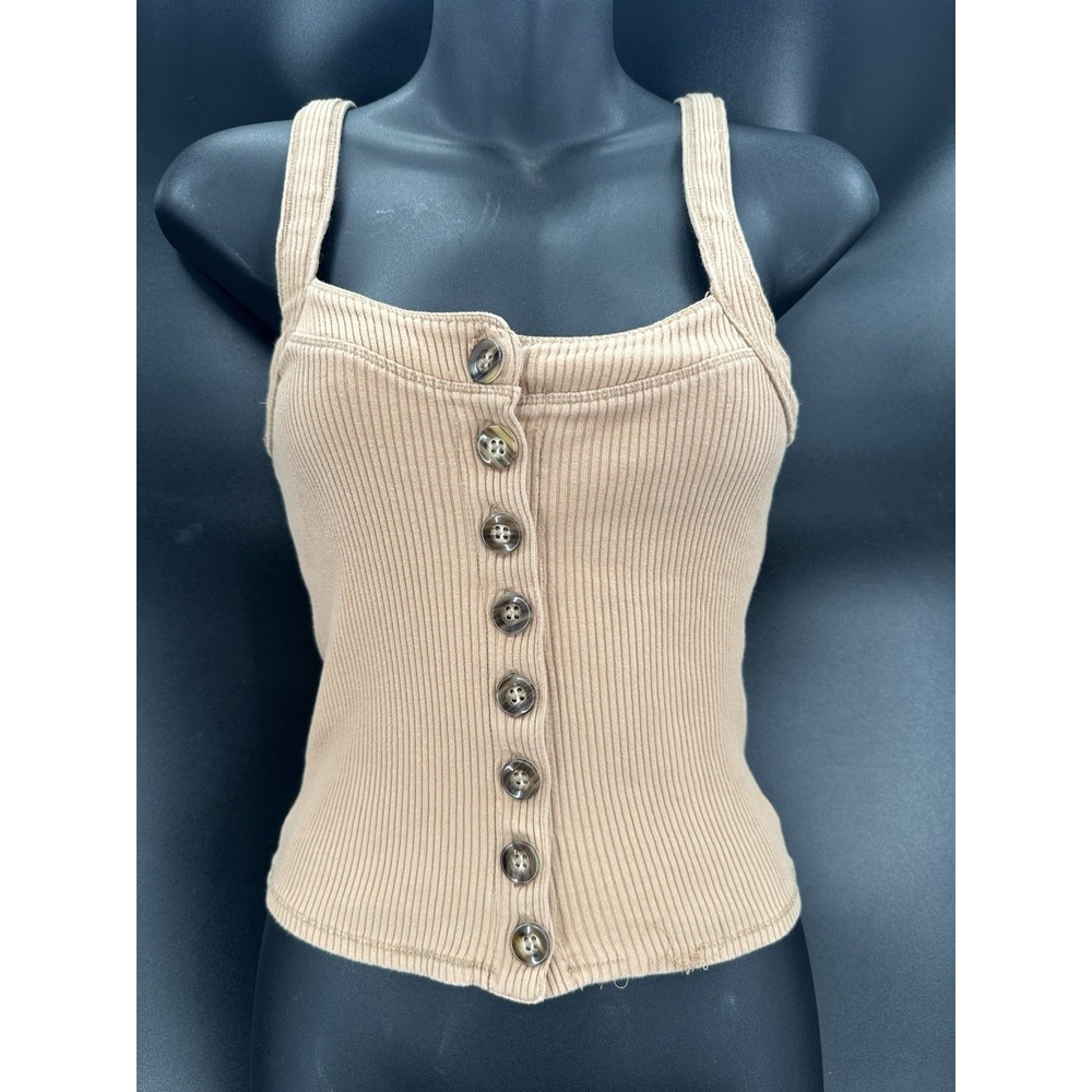 Free‎ People Brown Ribbed Button Front Tank Top Women's Size XS Cotton Blend